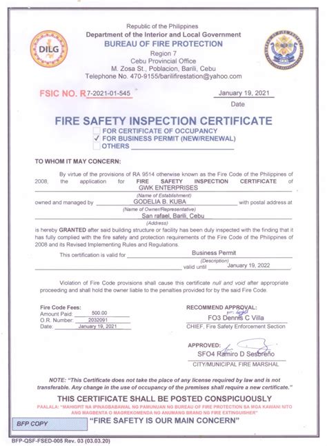 bfp fire safety inspection certificate